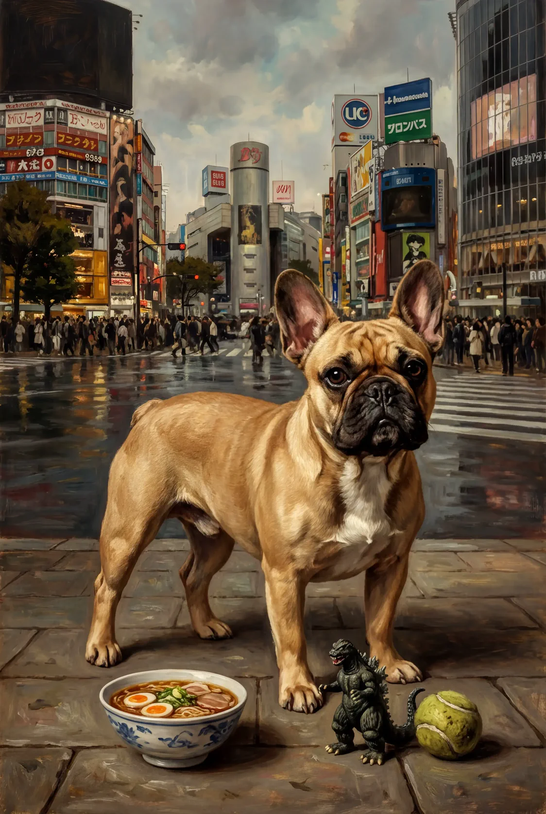 Custom portrait example featuring a French bulldog in a city street scene
